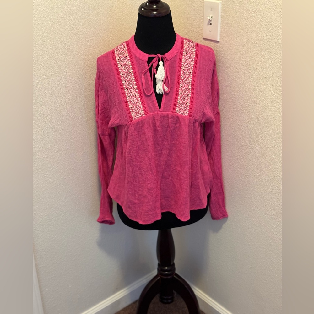 2 FOR $25 Blue Rain Bright Hot Pink Peasant Blouse Top Boho Barbie Oversized XS